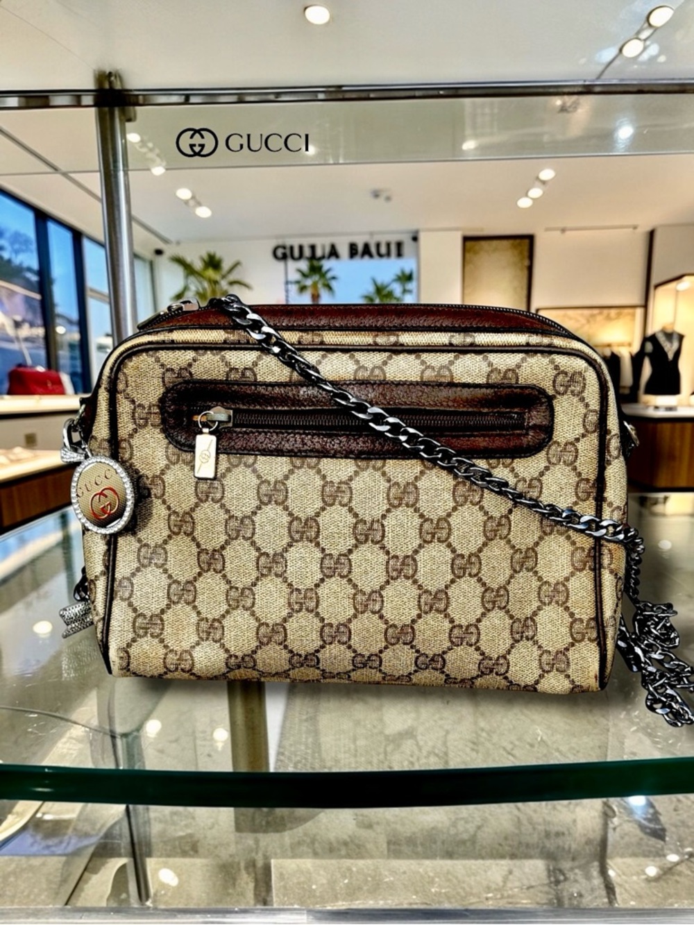 Authentic Gucci Beige and Brown GG Supreme Crossbody with Chain Strap & Charm. - Picture 1 of 11